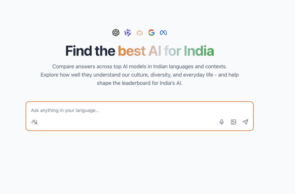 Homepage inviting users to find the best AI for India by testing language understanding